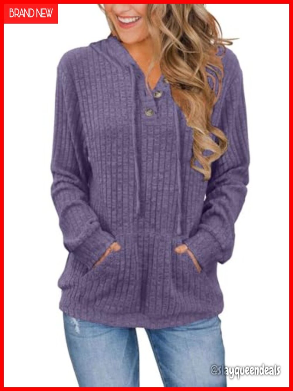 Women's Long Sleeve Hoodie Sweatshirt Button Neck Kangaroo Pocket